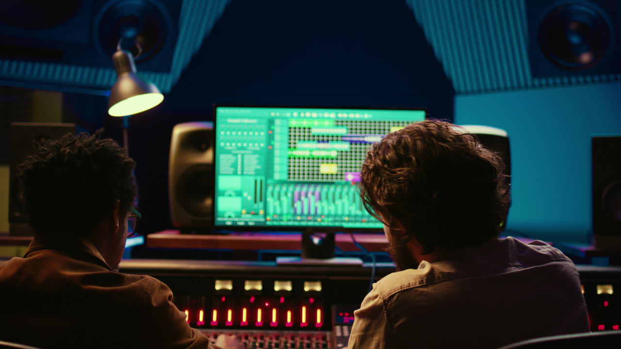 Sound designer working with artist to create a new song for his album,