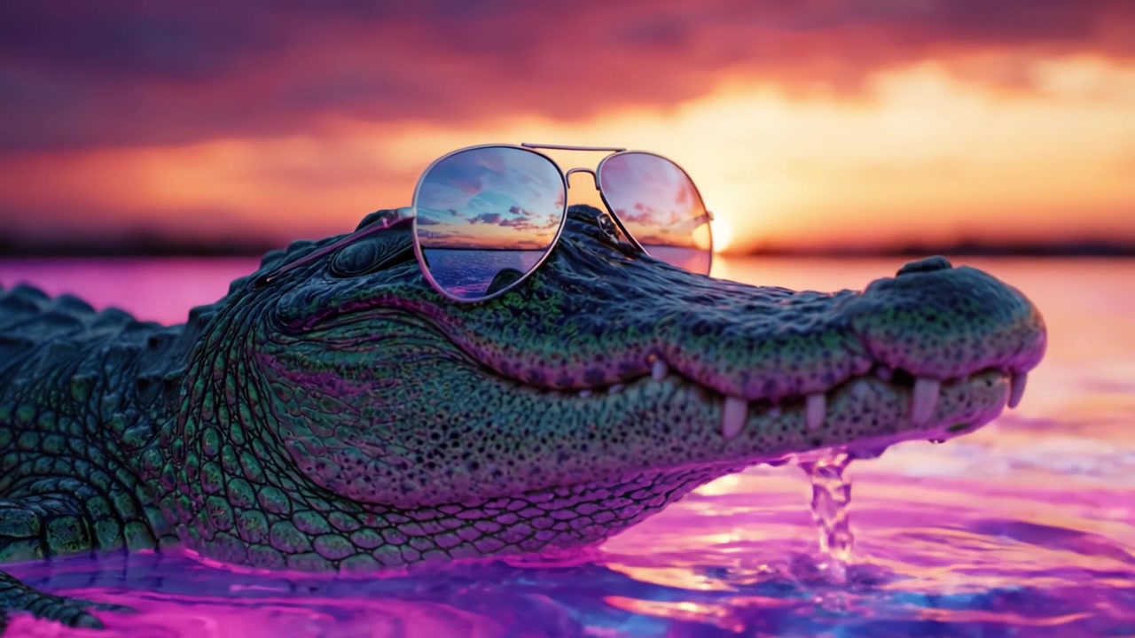 En afslappet alligator iført stilfulde solbriller nyder den levende solnedgang over en farverig vandscene, der fanger en unik blanding af natur og legesyge