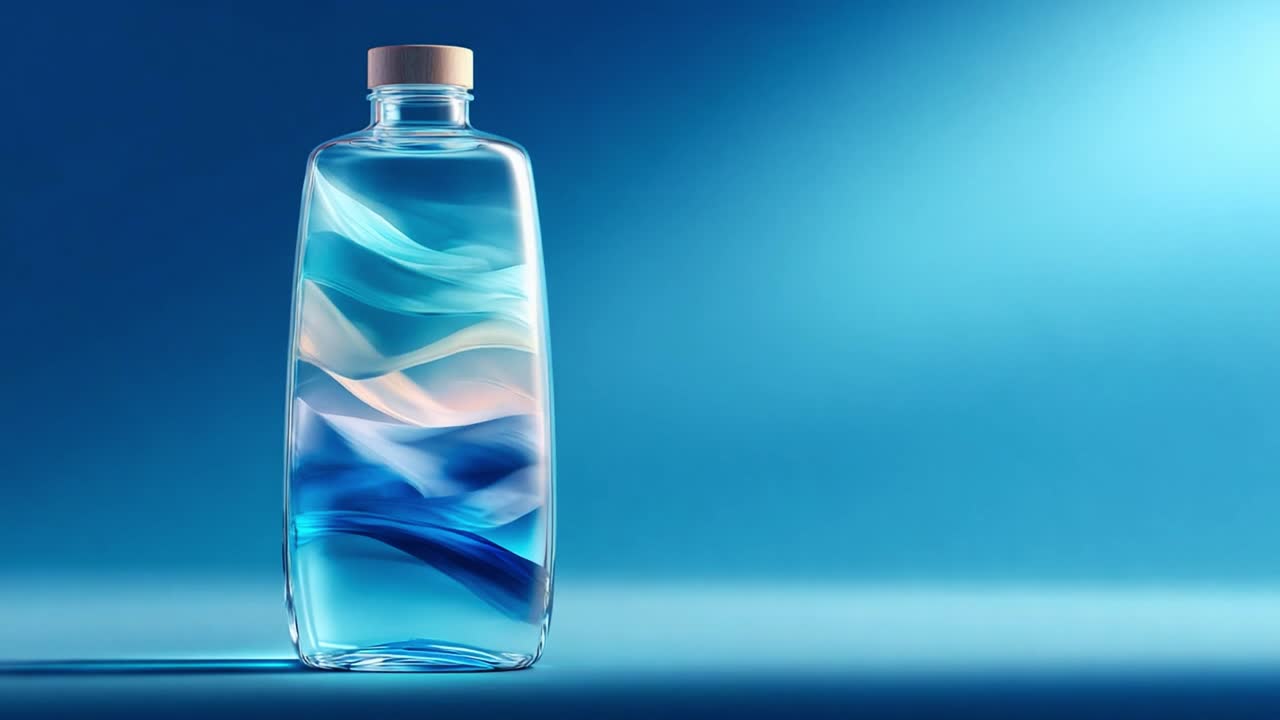 A Stunning Glass Bottle Filled with Beautifully Mixed Blue and White Textured Designs, Capturing the Essence of Fluidity and Color Contrast Against a Soft Blue Background