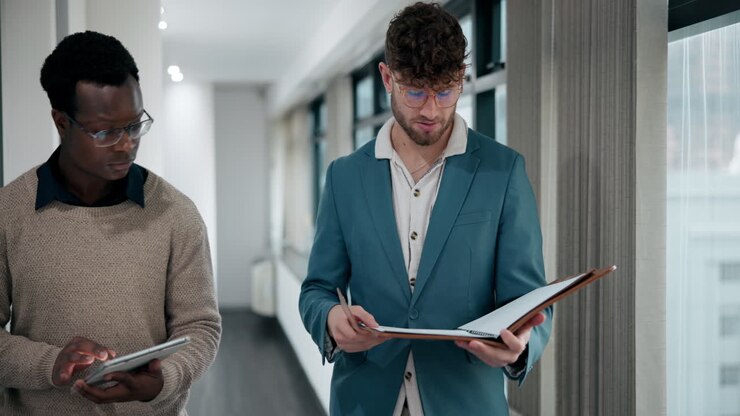 Two business men walking in the office