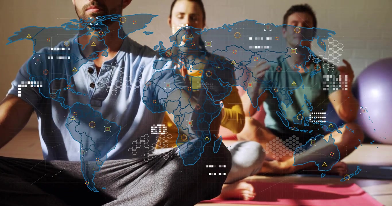 Three adults meditating on yoga mats session start map fading in filling icons holding prayer mudra