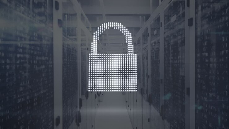 Animation of changing security padlock, shield and cloud icon against computer server room