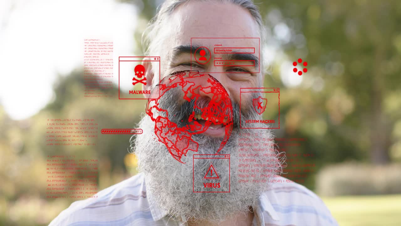 Man in park, red security overlay appearing with MALWARE globe glitching beard, causing laughter
