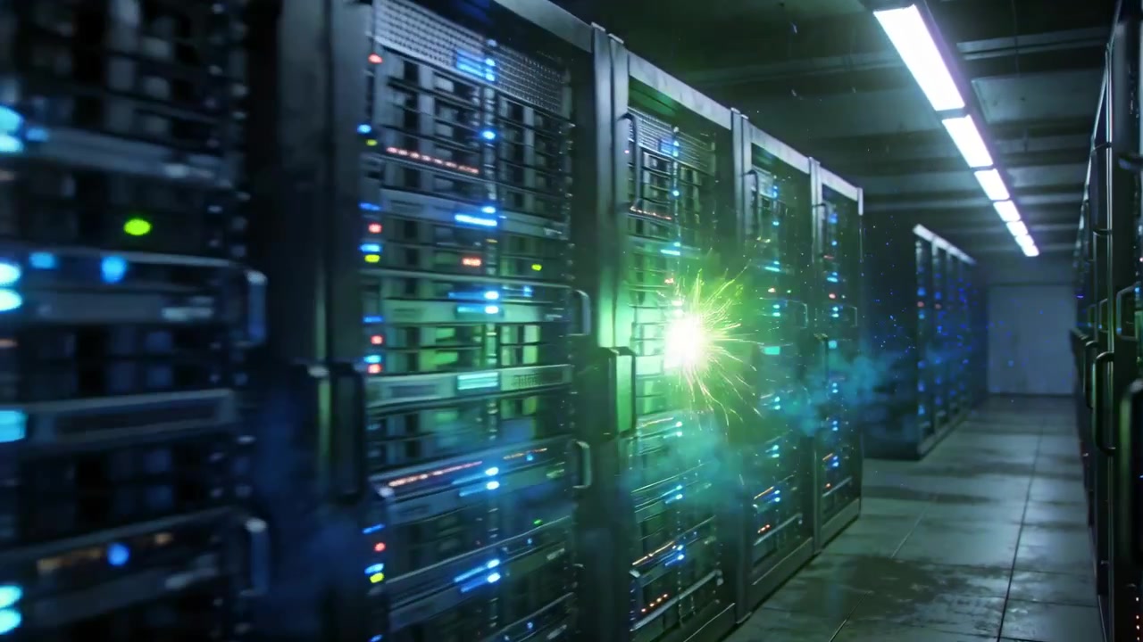 Sporingskamera avslører serverrack med LED-lys, pulserende blå dis og grønt lysglimt langs gangen.