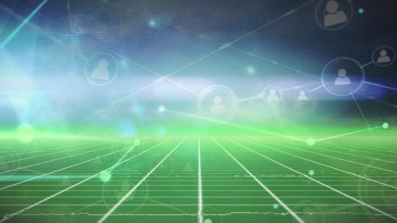 파란색 배경에 연결 네트워크와 빛 트레일의 애니메이션