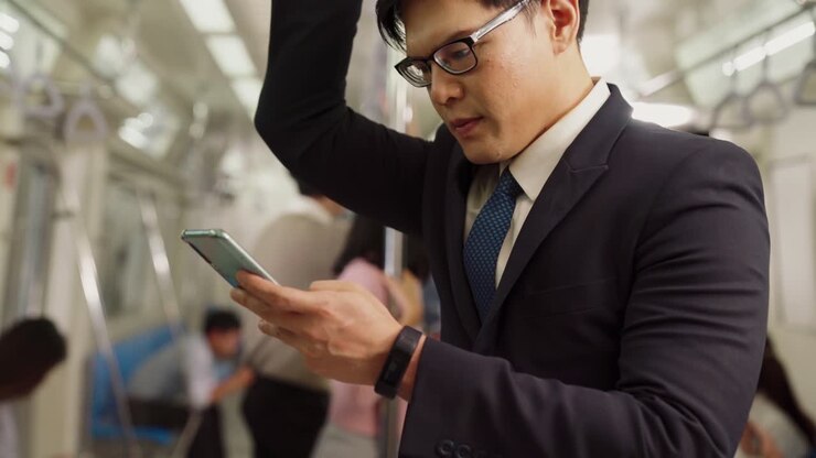 公共の列車で携帯電話を使っているビジネスマン