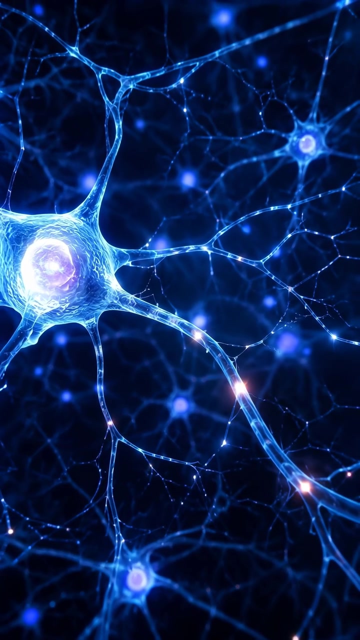 Glowing Blue Neurons And Synapses Firing, Closeup Microscopic View Of Axons And Dendrites Transmitting