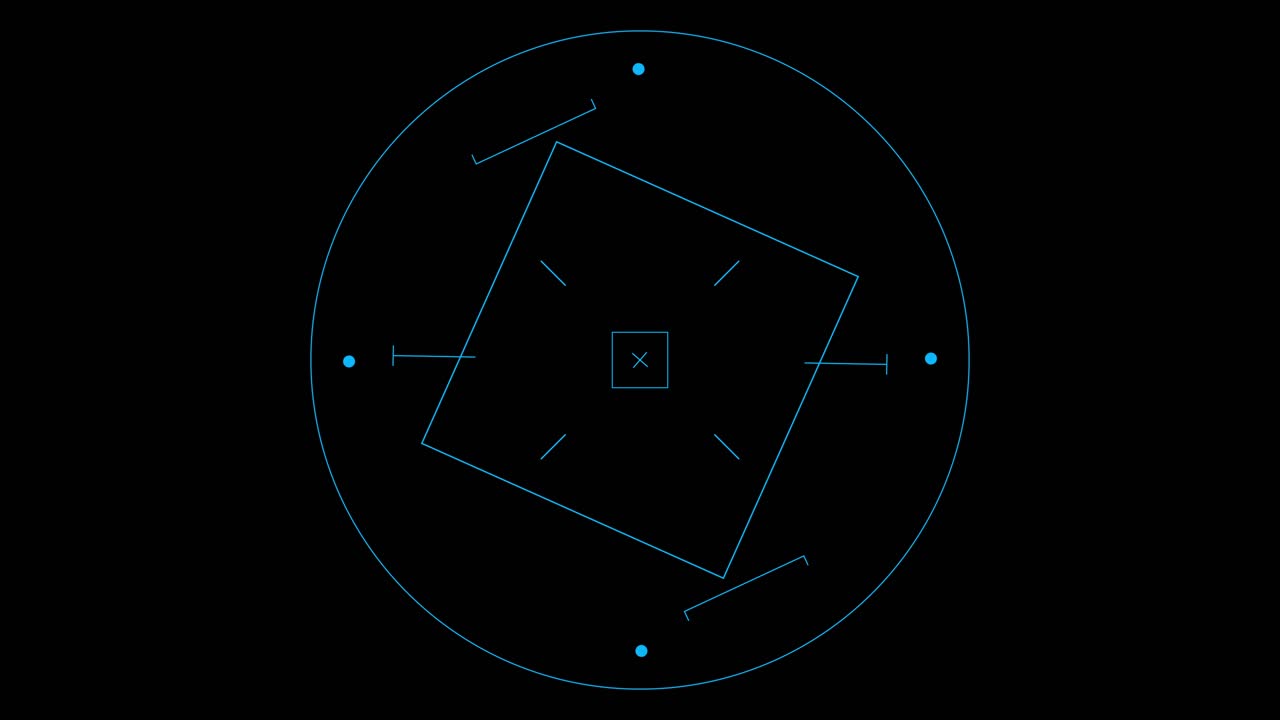 Animated heads-up display with rotating circles, squares, and targeting elements in blue on black background. Sci-fi interface for technology, gaming, or cybersecurity concepts. Looped VFX