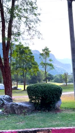 vegetación exuberante y montañas en un campo de golf
