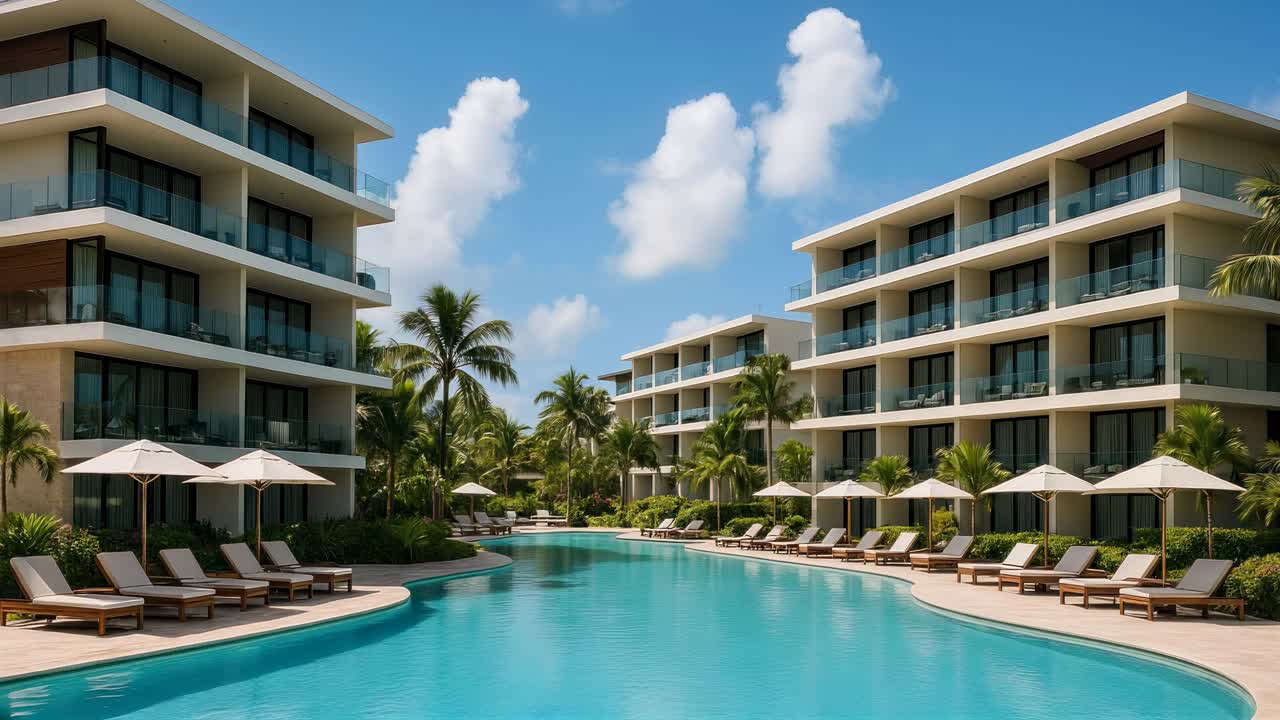 Vista aérea de un resort de lujo con arquitectura moderna, palmeras y una piscina impoluta