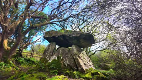 Zeitraffer,-Historisches-Irland,-Gaulstown-Dolmen-An-Einem-Windigen-Tag,-Wehende-Bäume-Und-Schimmernde-Schatten,-Portal-In-Die-Vergangenheit-Und-Idyllisches-Zeichen-In-Der-Landschaft-In-Waterford,-Irland