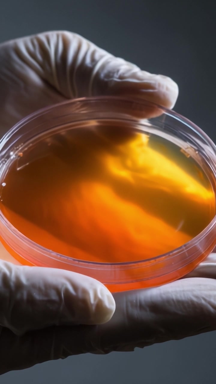 Scientific Experiment Showcasing a Petri Dish Filled with Vibrant Orange Agar Gel Held by a Gloved Hand under Controlled Laboratory Conditions