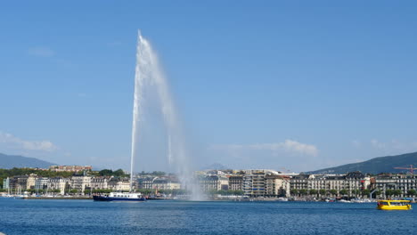 boats sailing under geneva jet d'eau water fountain on the swiss lac leman lake waterfront