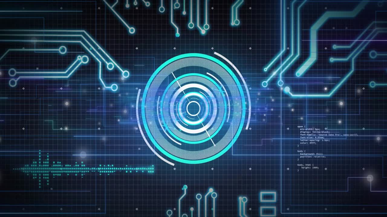 Opening dark grid UI, circular HUD pulsing rings, illuminating circuits, displaying code, looping