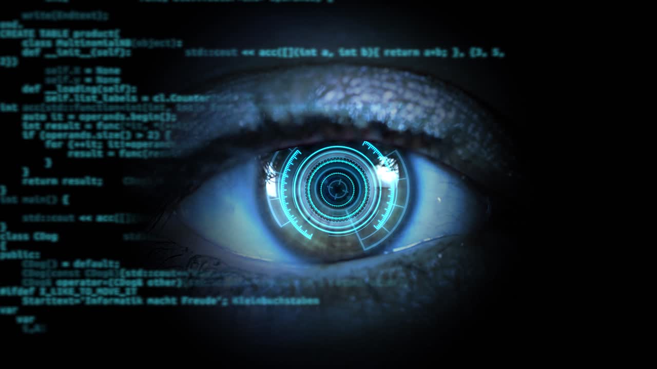 4k futuristic digital eye scanner software programming source code loop animation programming code