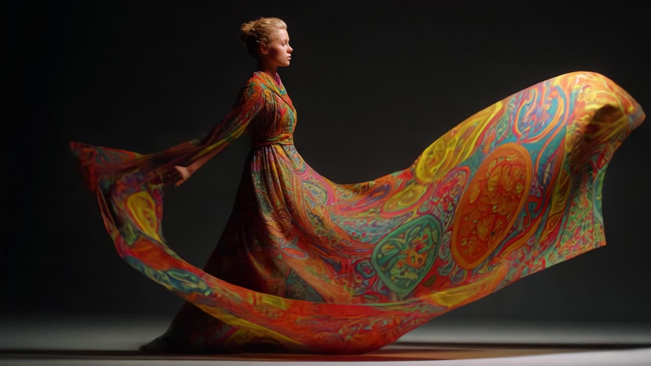 A Captivating Display of Elegance and Movement: A Model Showcasing a Vibrant, Colorful Dress That Flows Gracefully in the Air, Highlighting the Beauty of Fabric and Fashion Against a Dark Background