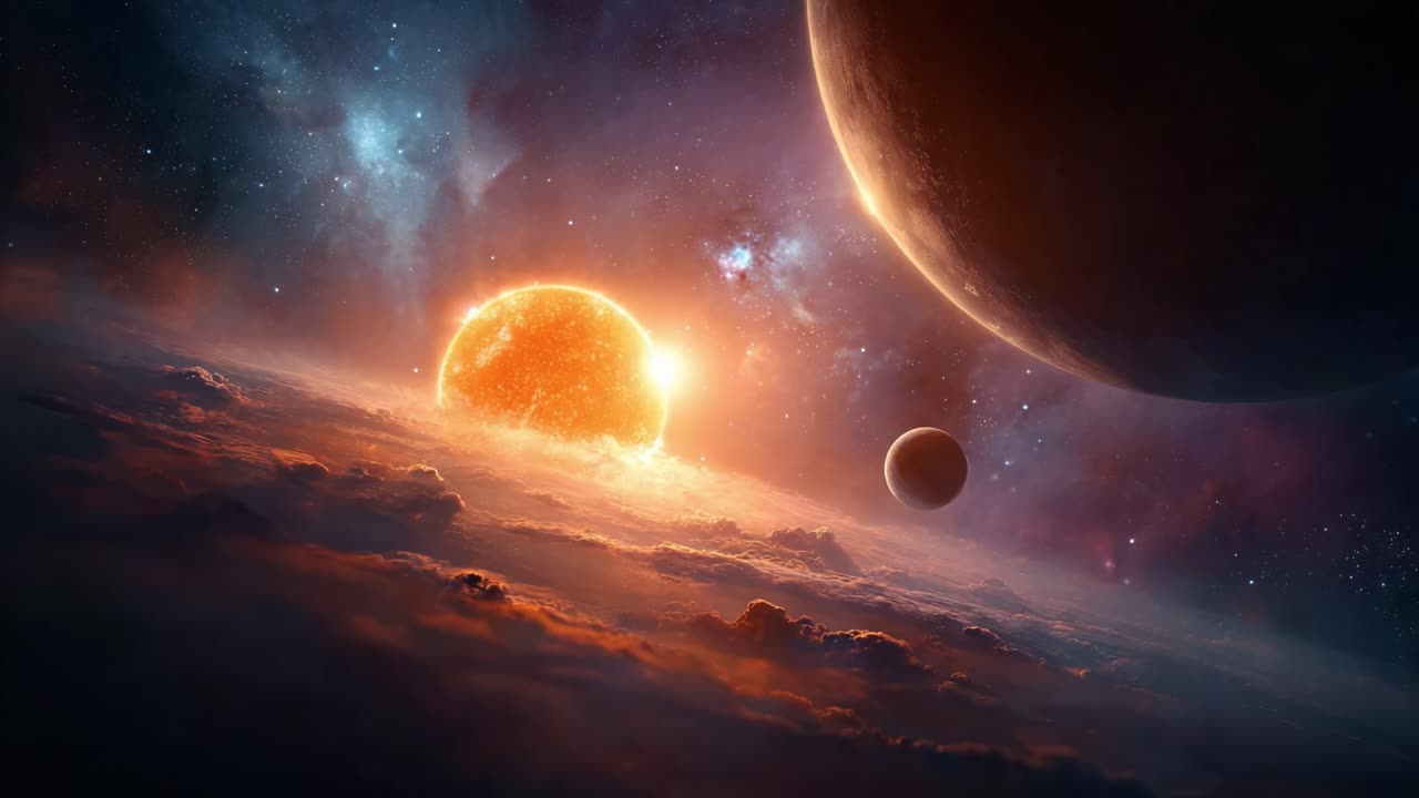 A Stunning Celestial View: Witness the Spectacular Rising Sun Over Interstellar Clouds and Majestic Planets in the Depths of Outer Space