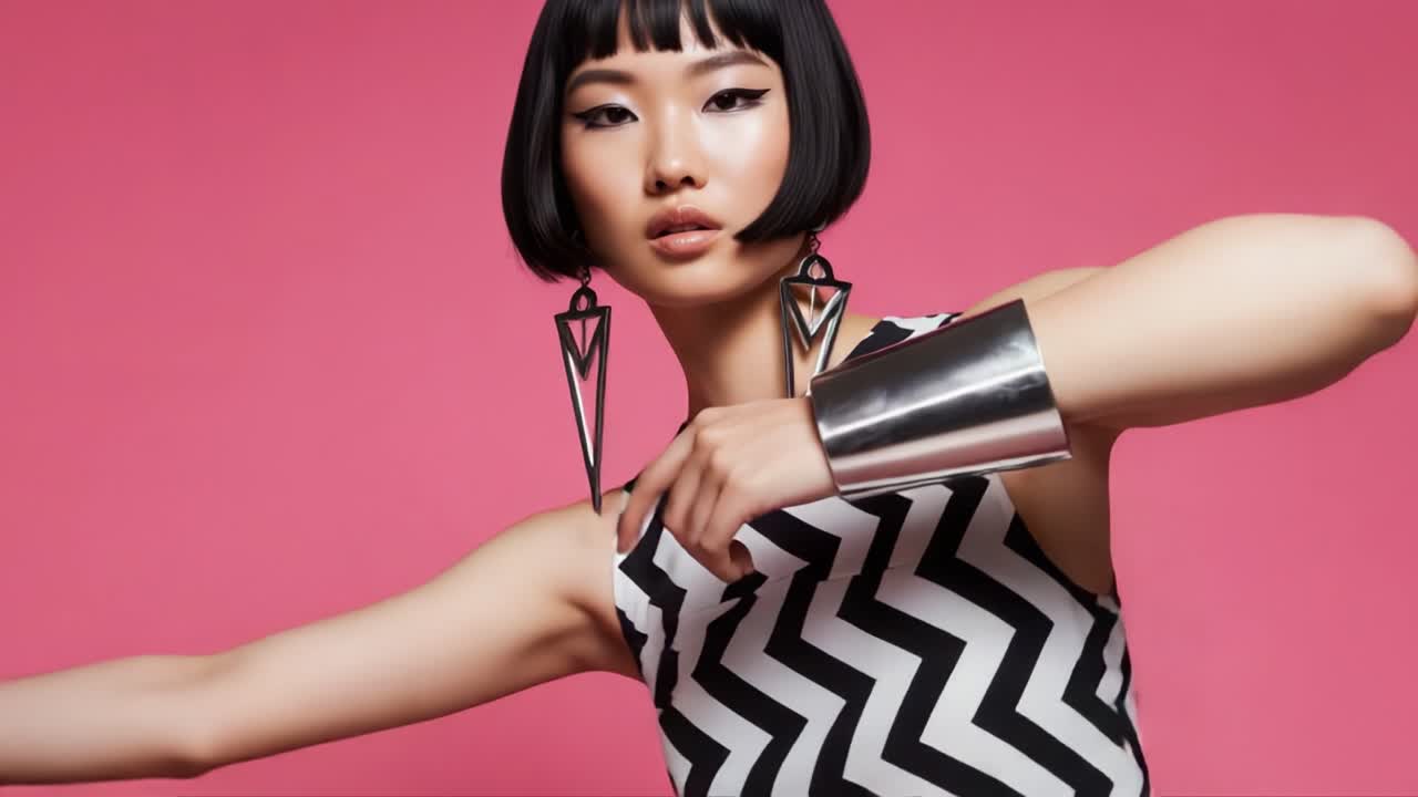 Stylish Model Posing in Bold Fashion Outfit Against Vibrant Pink Background, Showcasing Unique Accessories and Confident Expression in The Latest Trendy Style