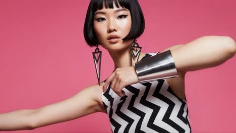 stylish model posing in bold fashion outfit against vibrant pink background, showcasing unique accessories and confident expression in the latest trendy style