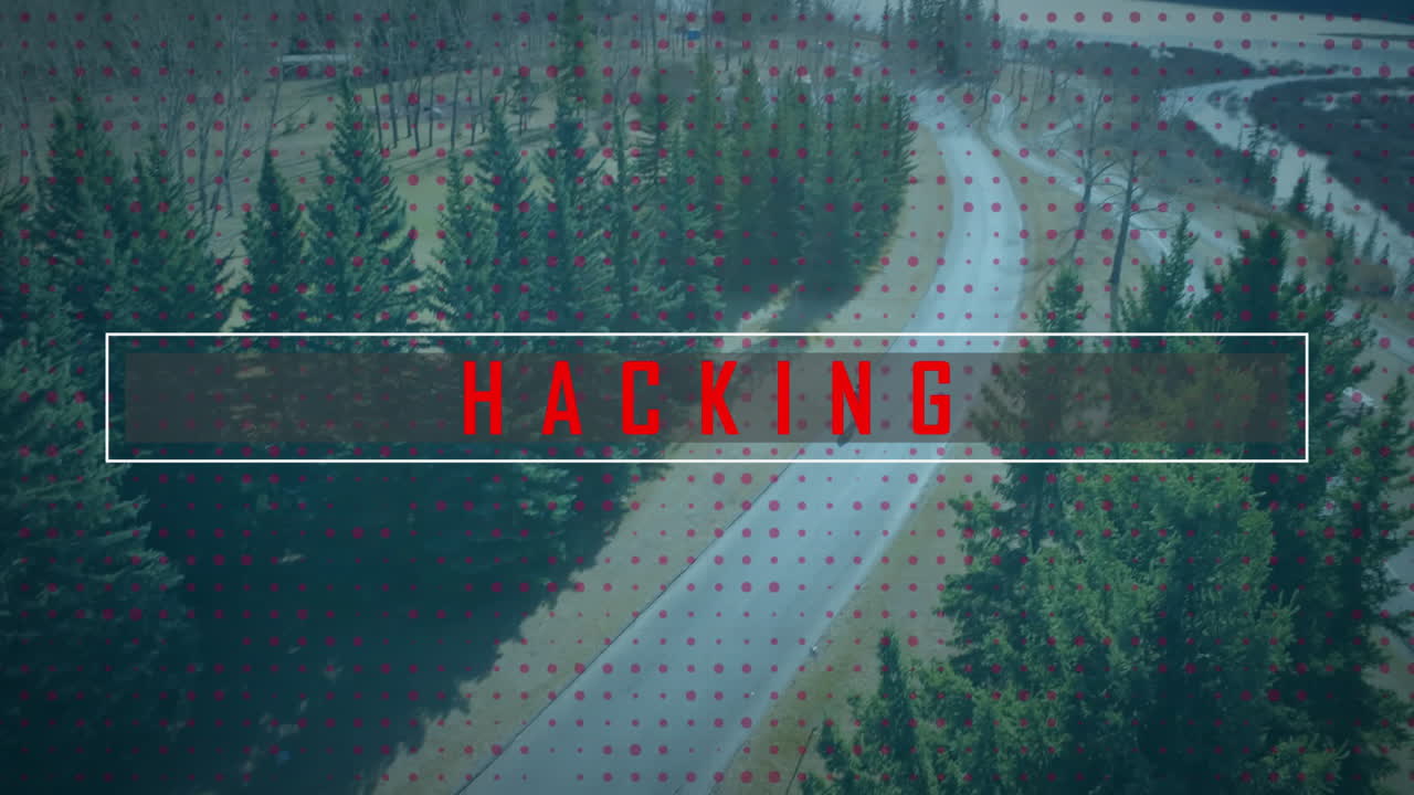 teen male cyclist riding paved forest road, with animated red-dot grid and hacking text overlay