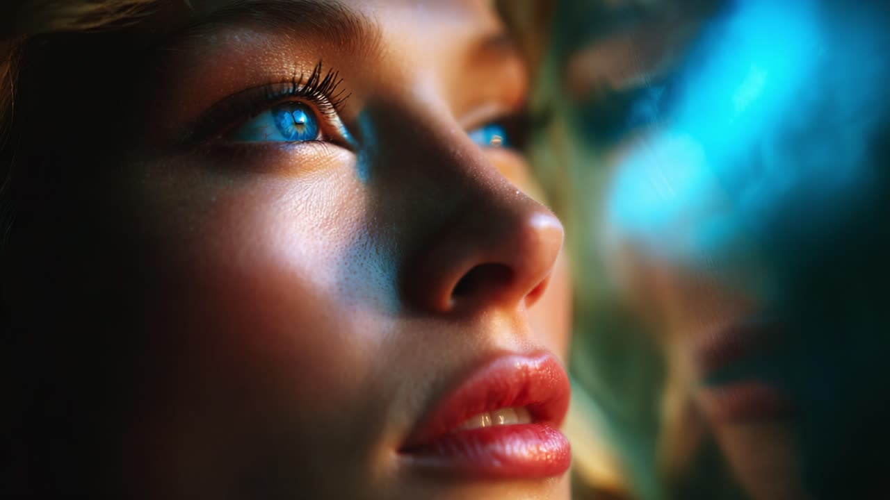 A captivating close-up of a woman's face, highlighting her striking blue eyes and soft features, radiating a sense of introspection and emotion, with an ethereal glow illuminating her surroundings