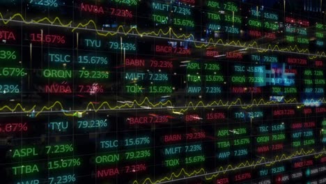 animation of financial data processing over cityscape