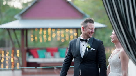 romantic outdoor wedding portrait of happy bride and groom