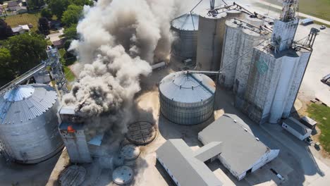 Aerial-Over-An-Industrial-Fire-In-A-Grain-Silo-Storage-Facility-On-A-Farm-In-Iowa