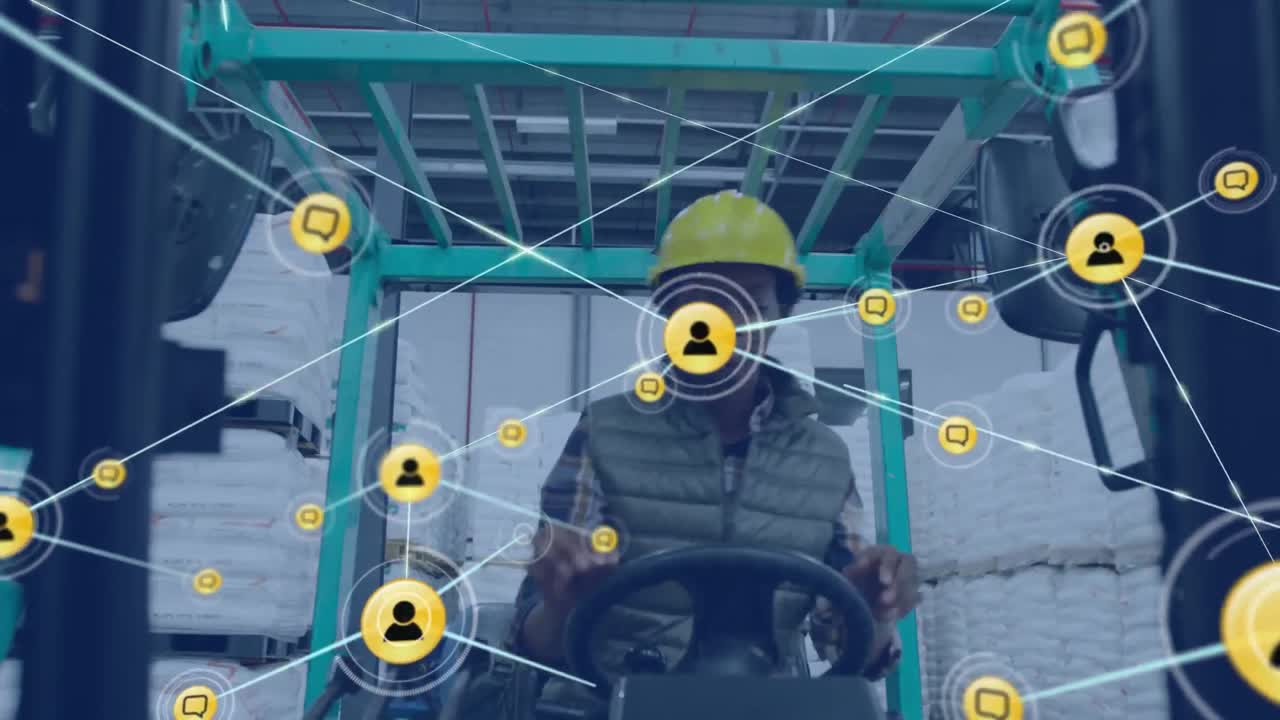 창고에서 포크리프트를 운용하는 아프리카계 미국인 여성 노동자에 대한 아이콘 네트워크의 애니메이션