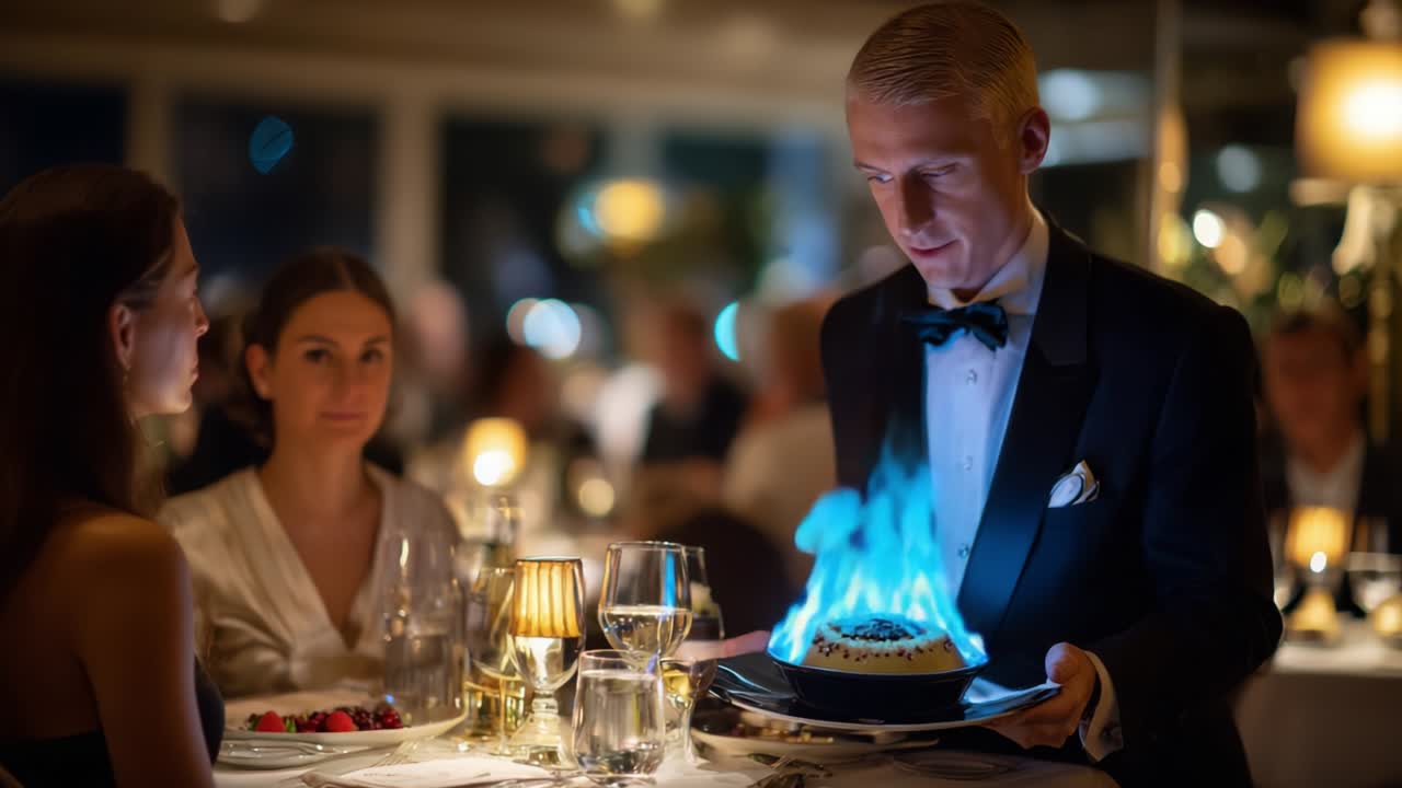 A Dazzling Culinary Surprise: A Waiter Presenting a Flaming Dessert at an Upscale Dining Experience with Enchanted Guests Captivated by the Flaring Flames on Their Delectable Plate
