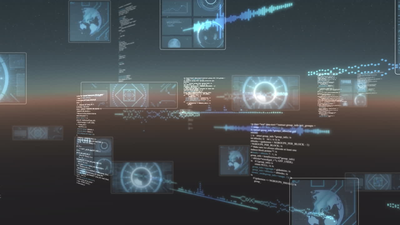 animación del procesamiento de datos con interfaces digitales sobre fondo negro