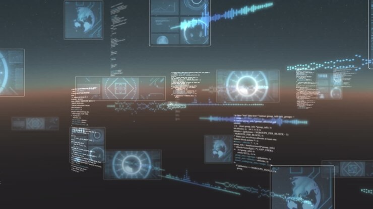 Animation of data processing with digital interfaces on black background