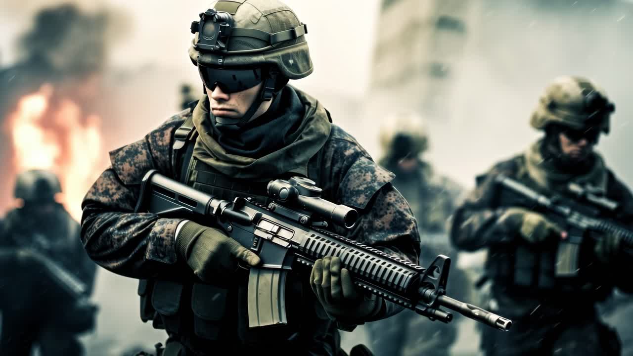Dynamic action scene of soldiers in combat gear, captured from a low-angle, emphasizing intensity