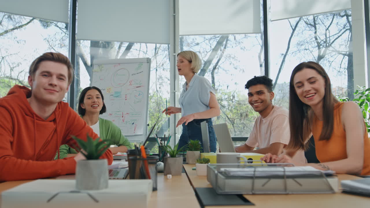 Team having video conference office pov view. Multiracial group remote meeting