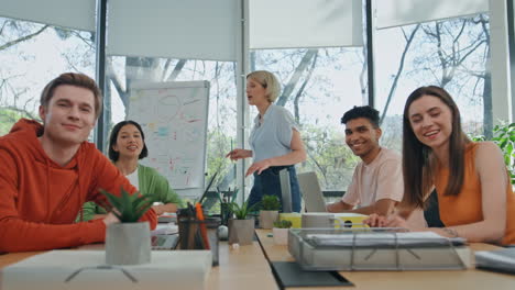 team having video conference office pov view. multiracial group remote meeting