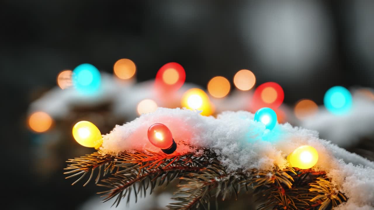 Kaunis lähikuva lumisten mäntyjen oksia koristavista jouluvaloista, joissa on elävät värit rauhallista talvista taustaa vasten. Täydellinen joulutunnelman juhlistamiseen.