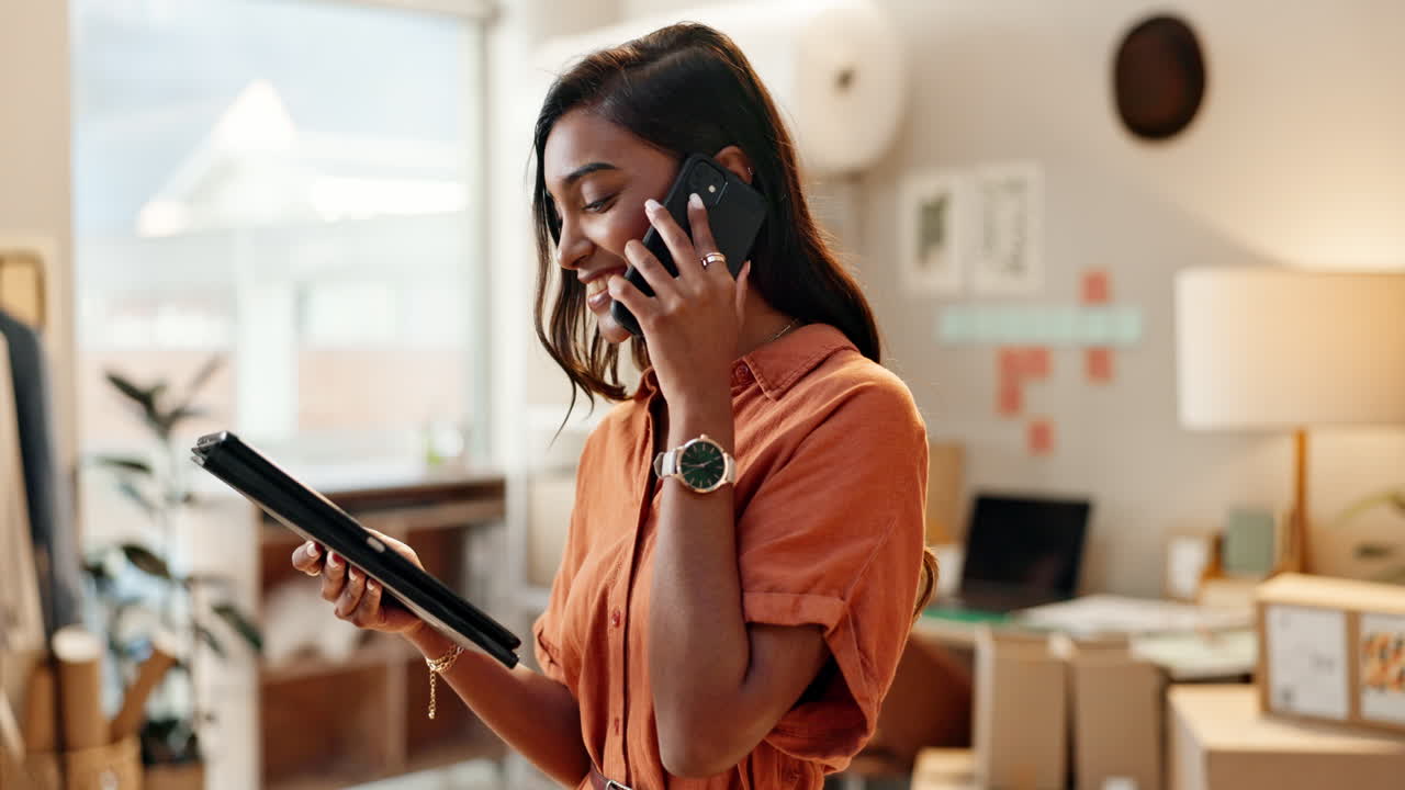 Phone call, business and woman with a tablet