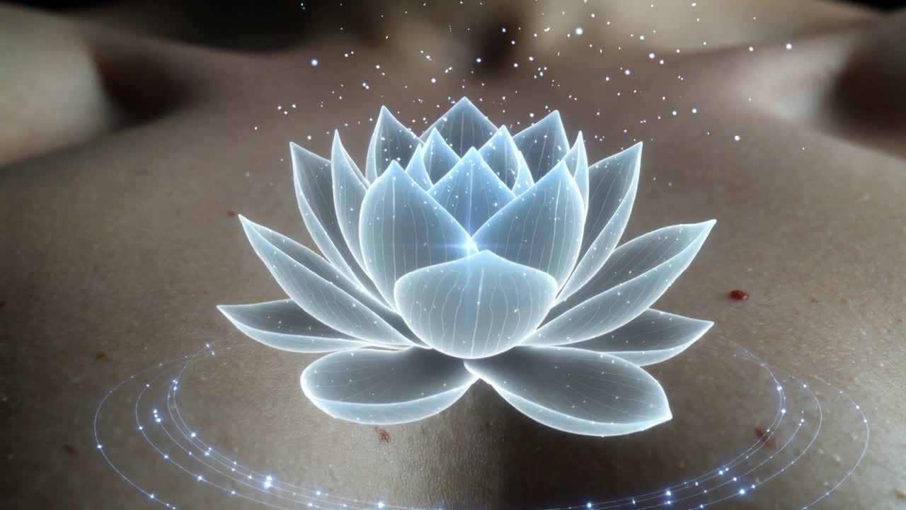 Donna reclinata che mostra il petto nudo con nei, un loto olografico che si forma sul petto, anello e scintille che brillano.