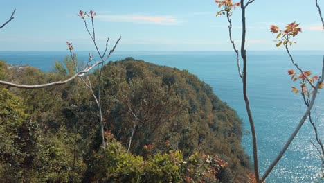 Blick-Auf-Die-Küste-Der-Cinque-Terre-Von-Corniglia-Bis-Vernazza,-Wellen,-Bäume,-Azurblauer-Himmel