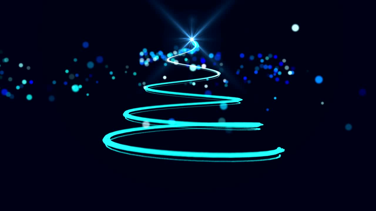 "메리 크리스마스"와 "크리스마스 트리"의 애니메이션 파란색 배경에 빛나는 별