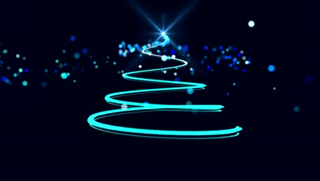 animación de las palabras feliz navidad y árbol de navidad estrellas brillantes sobre fondo azul