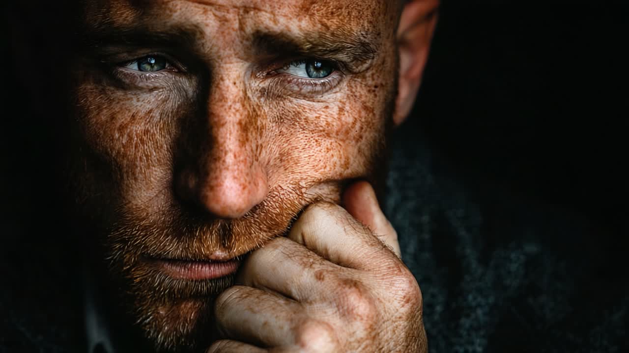 A Close-Up Portrait Capturing Emotional Depth: A Thoughtful Man with Distinctive Features Reflects Contemplatively in Low-Light Conditions, Showcasing His Powerful Expression