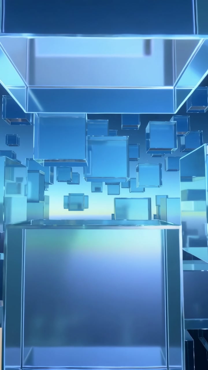 Vertical video: Moving cam sliding through blue glass cubes over cyan horizon band, revealing depth