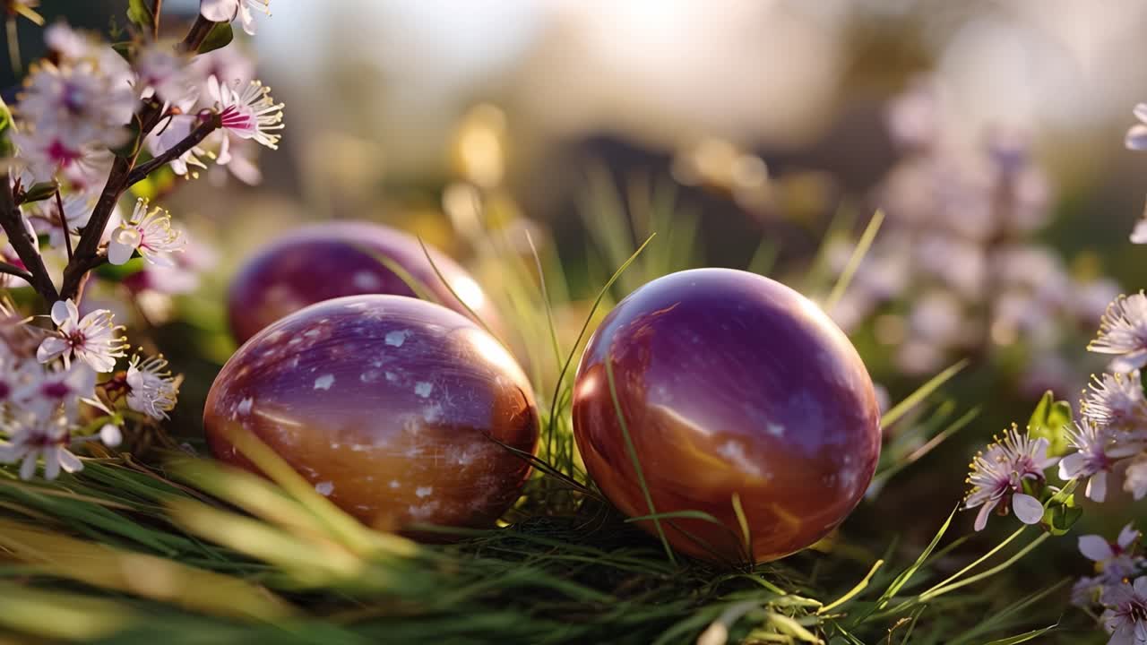 Three glossy eggs rest in grass, softly lit by golden sunbeams. Pink blossoms frame the scene, adding delicate charm. The sunlight highlights each egg's smooth, reflective surface