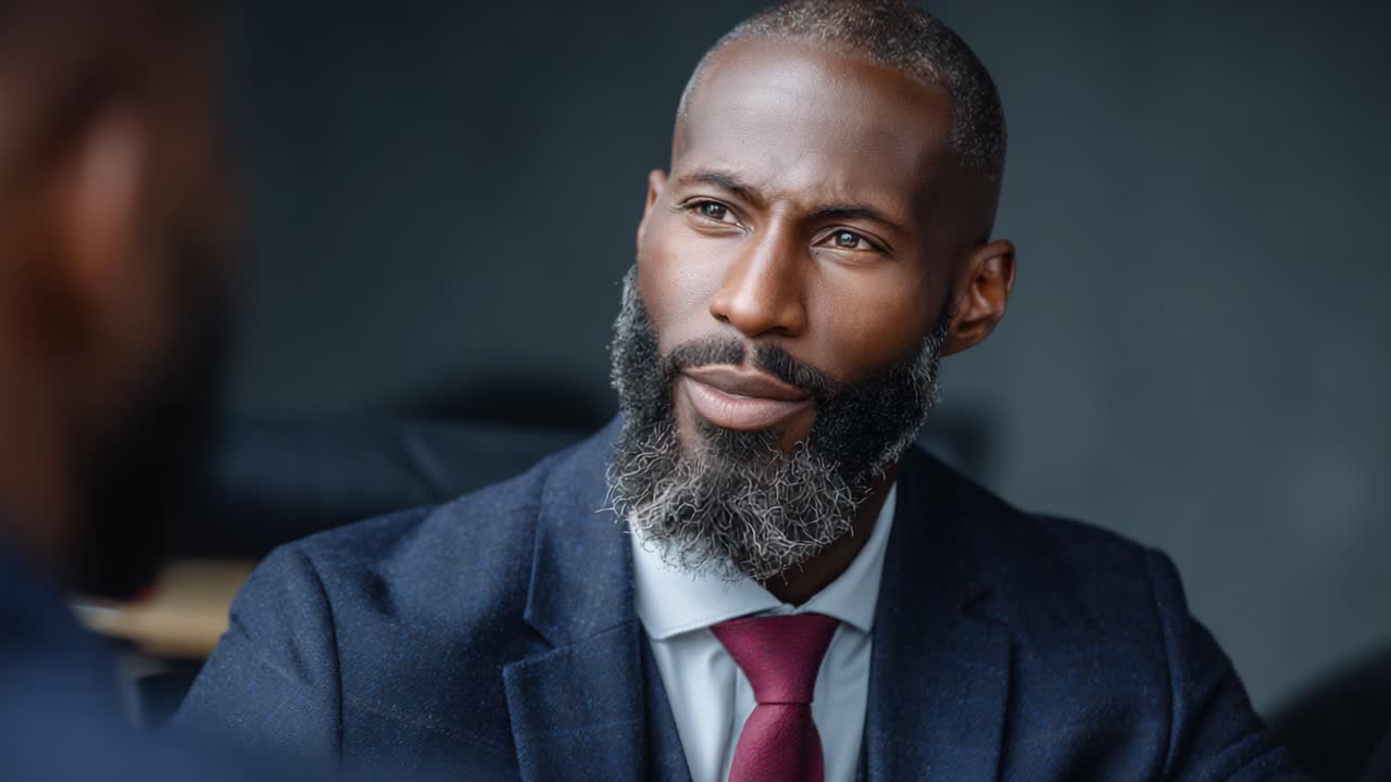A Thoughtful Businessman Engaged in Deep Conversation, Exuding Confidence and Professionalism in a Modern Office Setting
