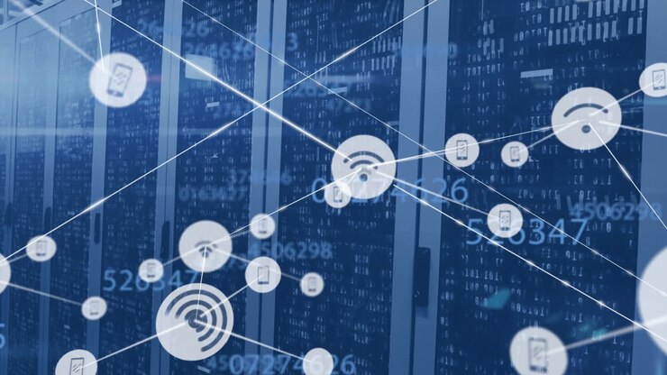 Animation of network of connections with icons and data processing over server room