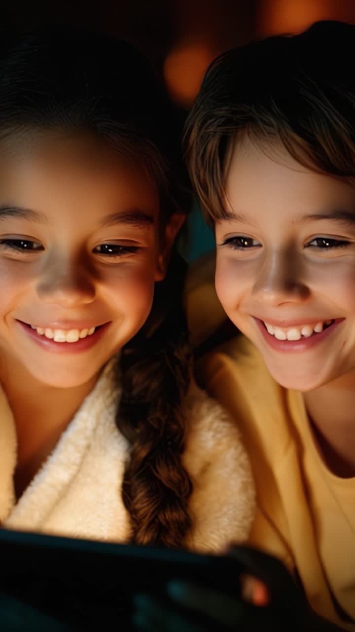 Due bambini che condividono un momento gioioso mentre guardano qualcosa su un dispositivo digitale in un ambiente accogliente, mostrando le loro espressioni felici e la loro connessione.