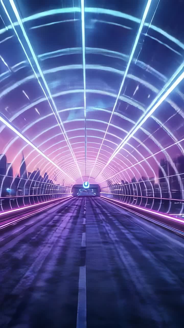 Vertical video: Entering neon tunnel, camera gliding showing curved grid toward glowing exit light