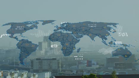 animation of world map and data processing against aerial view of cityscape