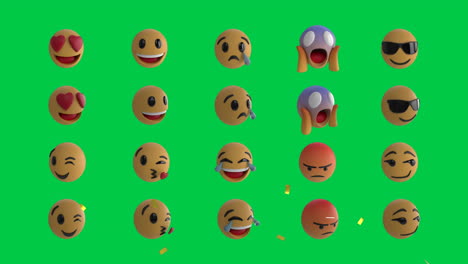 animación de confeti cayendo sobre filas de iconos de emoticones emoji sobre la pantalla verde
